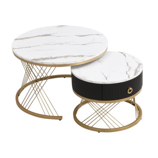 Elegant soffbord: marmoroptik, gulddekor, sidobord med lådor – set om 2 White