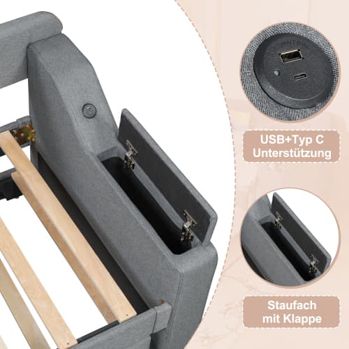 Grå linnesäng 90x200 cm med utdragbar säng & USB | Modern multifunktionell lösning Gray