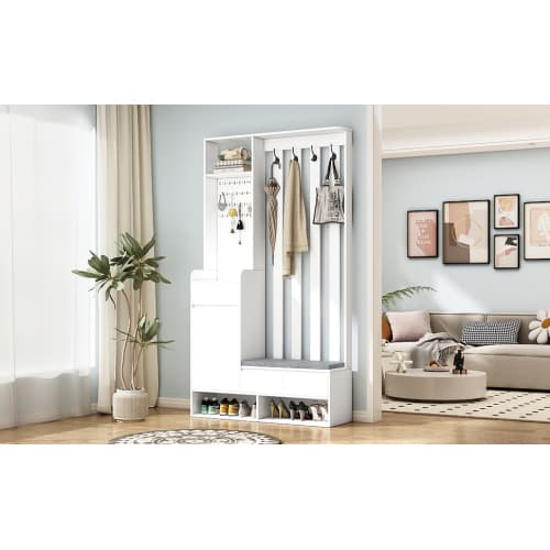 Vit hallmöbel med klädd bänk & panel – multifunktionellt skoskåp med 4 krokar – 100×35×180 cm White