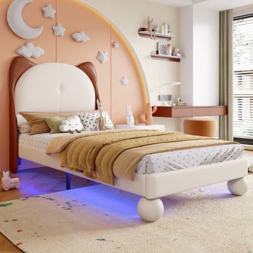 Sikker tremmeseng 90x200cm – Katteøre-design, LED-belysning, stabil seng & vaskbar PU (beige/gulbrun) Beige