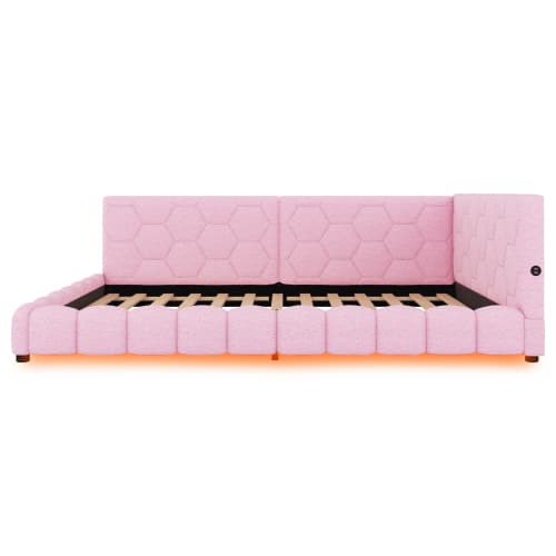 Rosa säng 140x200 cm med LED-belysning & USB-anslutningar | Vliesimitat Pink