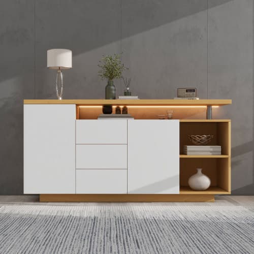 Modern skänk i vit/trägolv – 140 cm längd med LED-belysning & mångsidigt förvaringsutrymme White