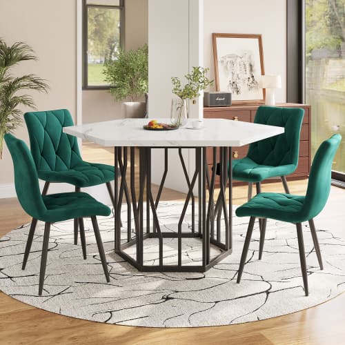 5-delars matbordset, hexagonalt marmorbord + 4 gröna sammetsstolar, modern design för vardagsrum Black White + Green