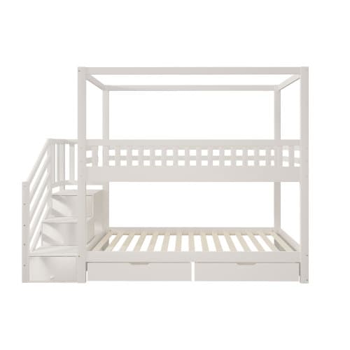 Golvsäng 90×200 cm i husform | massivt trä | Vit | Med förvaringsfack & säkerhetsstege White