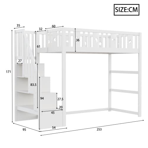 Vit våningssäng 90x200 cm för barn - massivt trä högsäng med trappor, säkerhetsräcken & stjärn-måne dekor White