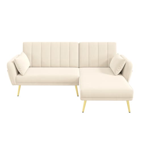 Modern L-formad fällbar soffa, hörnsoffa med sovfunktion & extra hörn, för vardagsrum, gästrum och hemmabio Beige