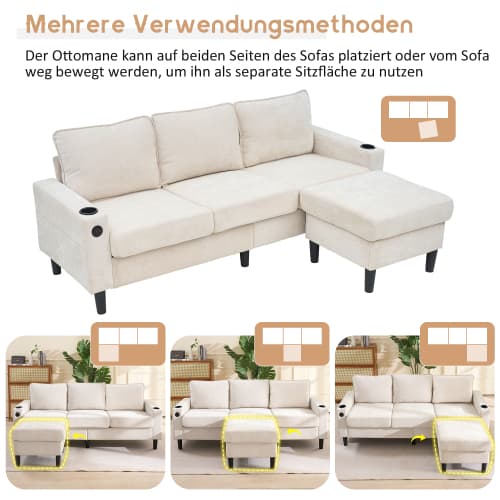 Bäddsoffa med USB-C – 3-sits klädd i linne | Med 2 dryckeshållare för vardagsrum/sovrum | Modern design Beige