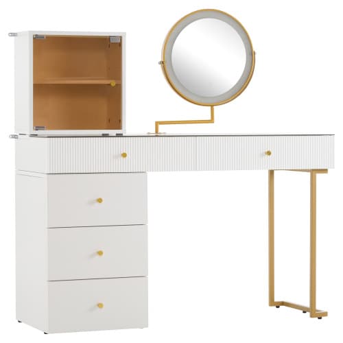 Elegant sminkbord med LED-belysning, härdat glas, inklusive skåp, modernt set, vit White