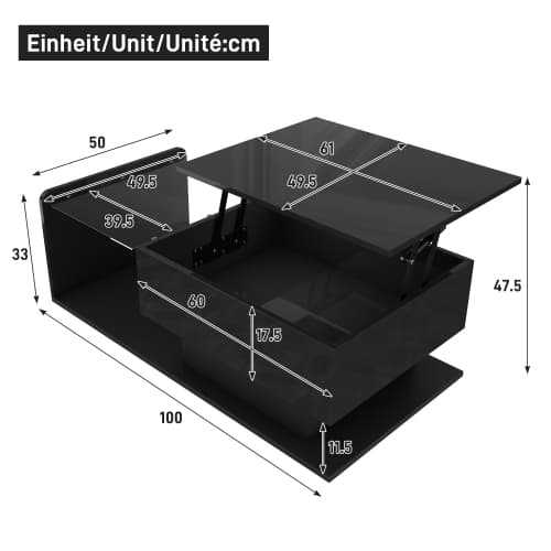 【Sofabord højglans sort】 Med LED-belysning & glasplade, moderne sidebord med opbevaringsplads Black