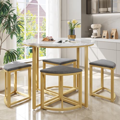 Modern matgrupp, 1 bord + 4 stolar, lyxig design med guldram & sammetsstolar, grå White+gray