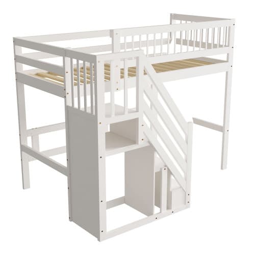 Solid træseng 90x200cm hvid med trappe & opbevaring - højseng som tremmeseng/ungdomsseng, robust massiv træramme, højt design White
