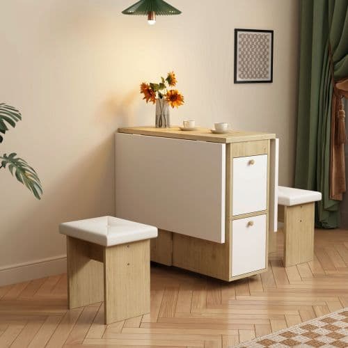 matgrupp, (med matbord, 4 stolar), hopfällbart matbord, 120*80*75cm, utdragbart matbord White+Oak