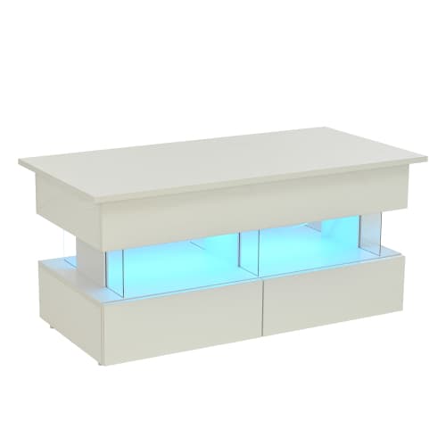 Højdejusterbart sofabord med LED-belysning, løfteplade og 2 skuffer, 120x50cm højglans, glas/MDF, hvid White