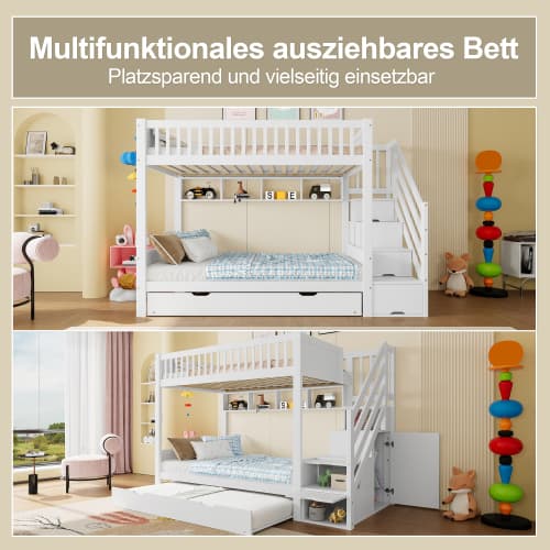 Våningssäng för barn med utdragssäng, \"Vit högsäng med garderob\", \"multifunktionell säng 90x200 White