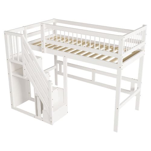 Solid træseng 90x200cm hvid med trappe & opbevaring - højseng som tremmeseng/ungdomsseng, robust massiv træramme, højt design White