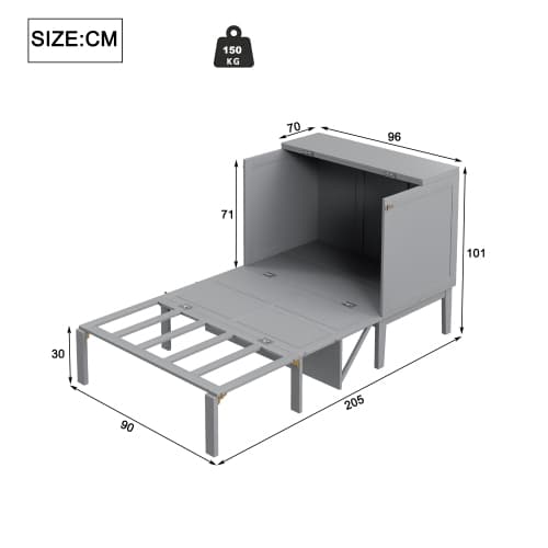 Garderobssäng 90×200 cm | Väggfällbar säng med ribbor | Grå | Utrymmesbesparande ungdomssäng Gray