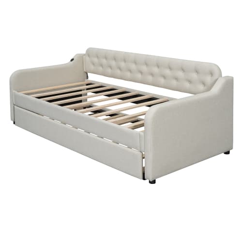 90x200 säng beige - Bäddsoffa med gästsängsfunktion (utdragbar) & USB-port - Multifunktionell design - sängram ingår Beige