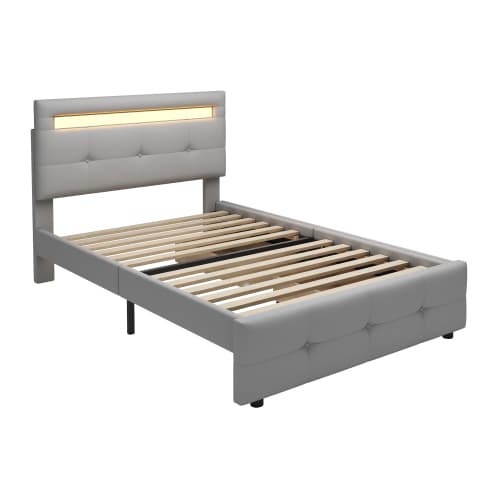 Modern stoppad säng 90×200 cm med LED-belysning - linnetyg & 2 lådor (grå) Grey