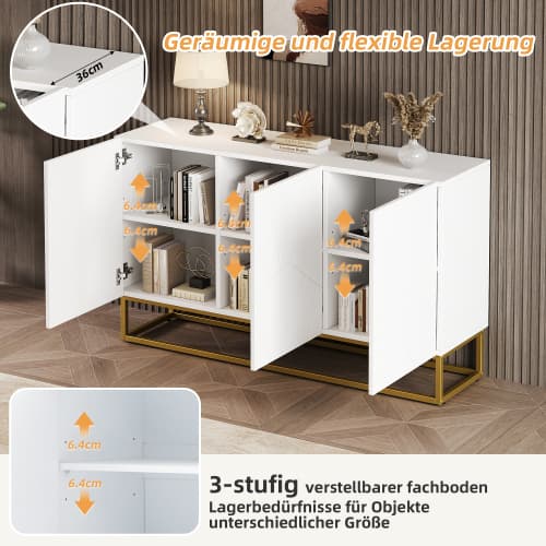 Modern högblank skänk 130cm - Inredning & Buffé garderob med 4 fack, vit/grå, för vardagsrum & matsal White