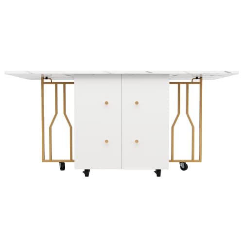 Bärbart hopfällbart bord med marmoroptik – multifunktionellt matbord med gyllene ben & hjul White