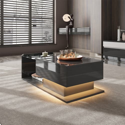 【Sofabord højglans sort】 Med LED-belysning & glasplade, moderne sidebord med opbevaringsplads Black