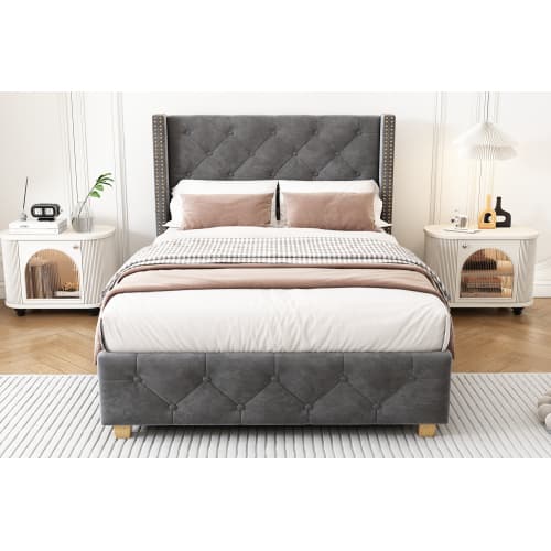 Grå sammetsklädd säng 90x200 cm – Med sänggavel, knapp- & nitdesign, träben & sängram Grey