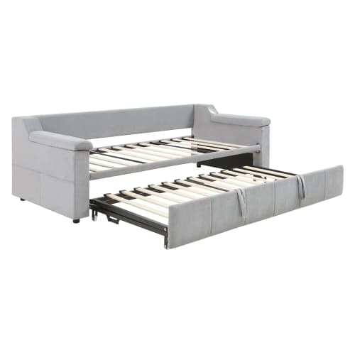 Smart bäddsoffa med klädsel 90/180×190 cm | Ljusgrå sammet | Med Bluetooth-ljud & USB light gray