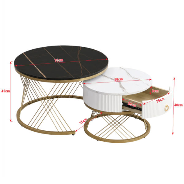 Elegant soffbord: marmoroptik, gulddekor, sidobord med lådor – set om 2 Black