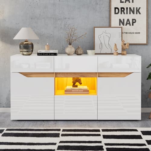 Skænk 140x70cm, kommode med 4 skuffer & 2 rum, grebsfri med LED-belysning, højglans hvid/træ white