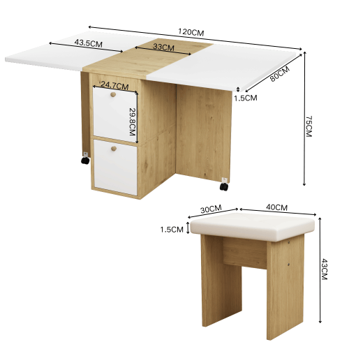 matgrupp, (med matbord, 4 stolar), hopfällbart matbord, 120*80*75cm, utdragbart matbord White+Oak