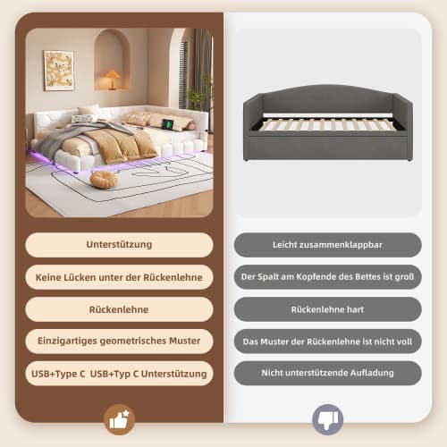 Vit säng 140x200 cm med LED-belysning & USB-anslutningar | Vliesimitat White