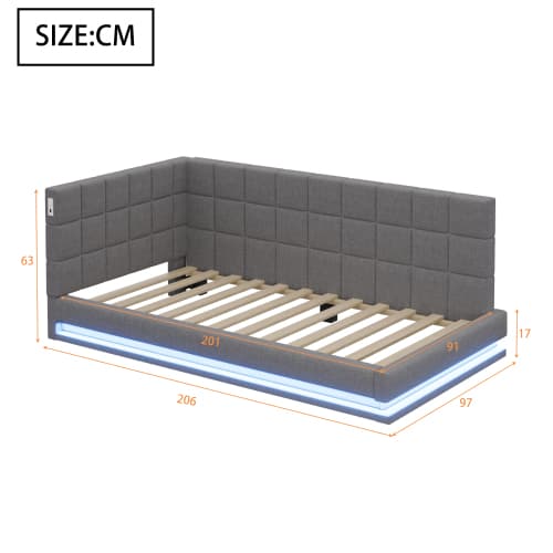 Bäddsoffa 90x200 cm - grå sammet (hudvänlig) - Med LED-ljusramp & USB - inkl. ribbotten - multifunktionell gästsäng Gray