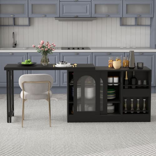 Svart barbord, utdragbart & 360° roterbart - med förvaringsutrymme, glasskåpsdörr & sideboard Black