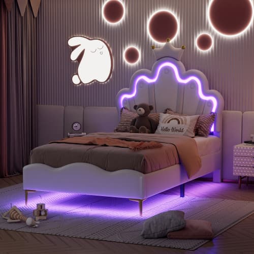 Vit prinsessäng 90x200 cm | Med LED-belysning & PU-läderklädsel White