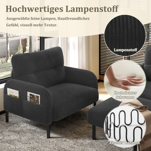 Cord 3-set grå - 2-sits soffa + fåtölj + pall - stålrörsram & extra mjuk klädsel - sittdjup - modulär för vardagsrum Gray
