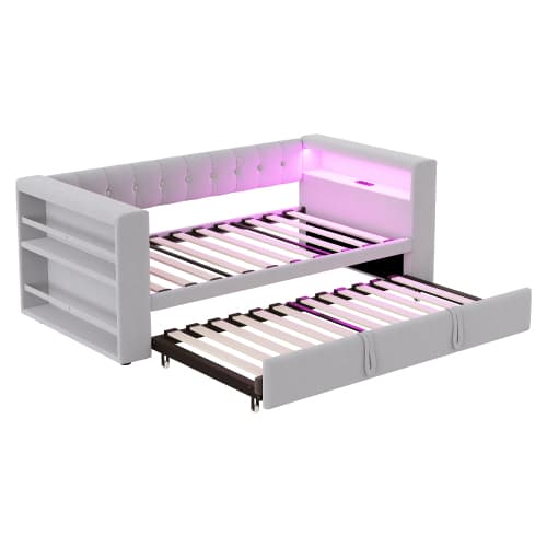 Multifunktionel seng med LED-belysning og stikkontakter, polstret seng 90/180x190cm med opbevaringsplads, sovesofa, lysegrå Light Gray
