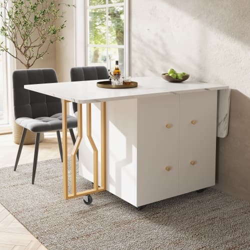 Bärbart hopfällbart bord med marmoroptik – multifunktionellt matbord med gyllene ben & hjul White