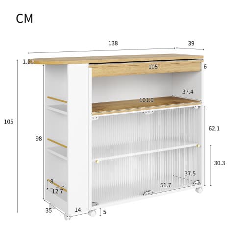 Vitt utdragbart barbord med LED & stort förvaringsutrymme – Modernt bistrobord (138-204×39×105 cm) White