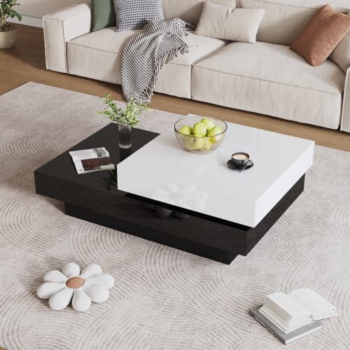 Roterbart soffbord med svart och vit söm, modernt, enkelt soffbord med högblank yta White+Black