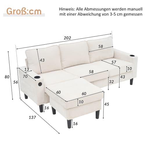 Bäddsoffa med USB-C – 3-sits klädd i linne | Med 2 dryckeshållare för vardagsrum/sovrum | Modern design Beige