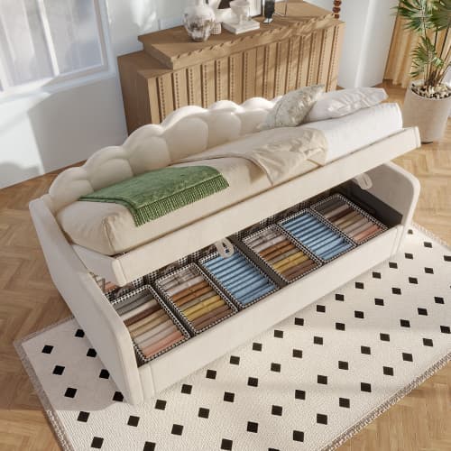 Dubbelsäng 90x200 cm med hydraulik & LED | Bäddsoffa & förvaringsutrymme Beige