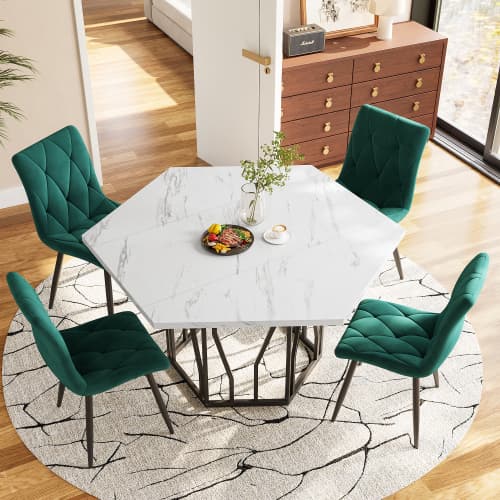 5-delars matbordset, hexagonalt marmorbord + 4 gröna sammetsstolar, modern design för vardagsrum Black White + Green