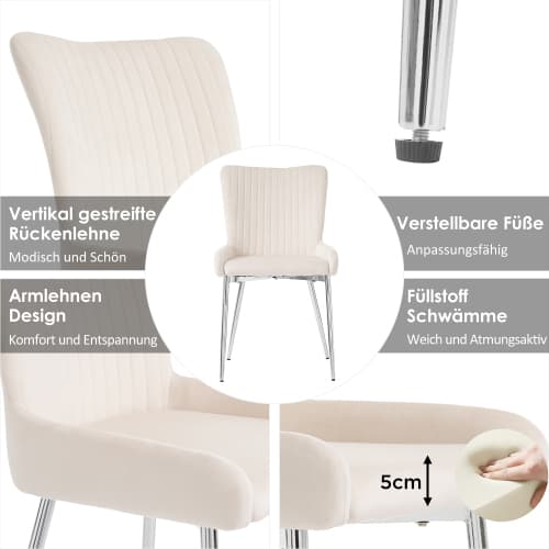 Sammetsmatstol, 2-pack, lyxig, vardagsrum, sovrum, loungestol med fyra silverfärgade metallben Beige