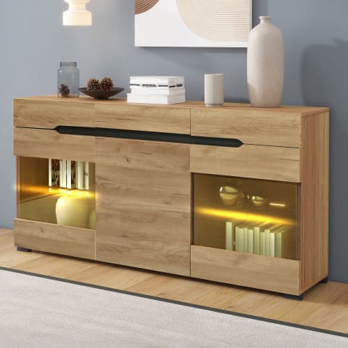 Moderne LED skænk, skab med 3 døre & 3 skuffer, stor opbevaringsplads, buffet & kommode til opholdsområde Natural