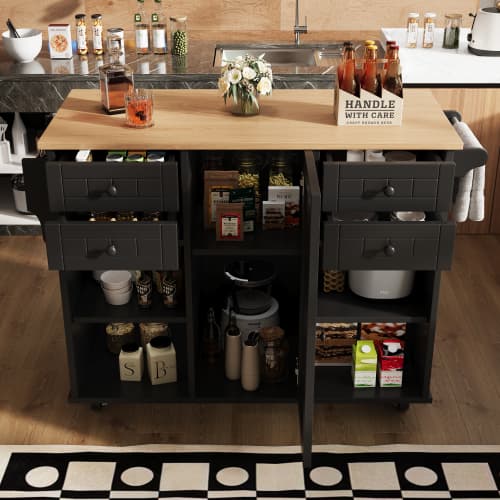 Modern köksö (127×46×91,5 cm) köksskåp med träådring, matvagn med multifunktionell förvaring Black