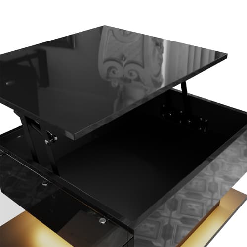 【Sofabord højglans sort】 Med LED-belysning & glasplade, moderne sidebord med opbevaringsplads Black