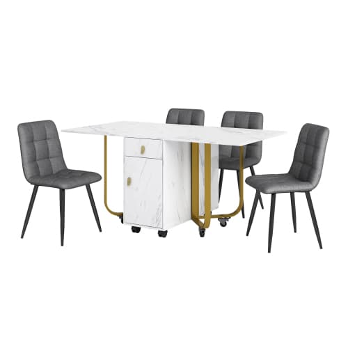 Matsalsgrupp (set, 150×80×76cm matbord med 4 stolar), hopfällbart köksbordset, matrumsstol i linne White