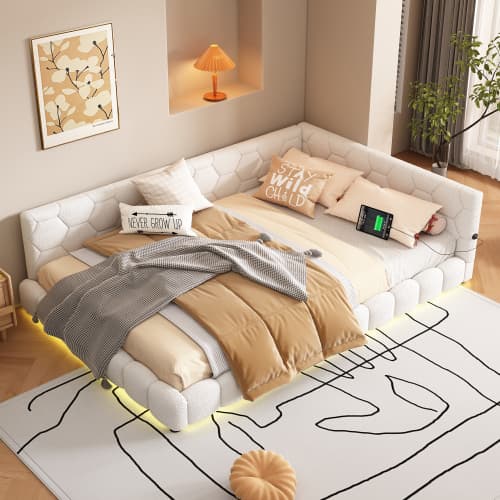Vit säng 140x200 cm med LED-belysning & USB-anslutningar | Vliesimitat White