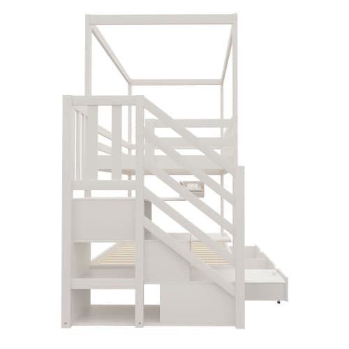 Golvsäng 90×200 cm i husform | massivt trä | Vit | Med förvaringsfack & säkerhetsstege White