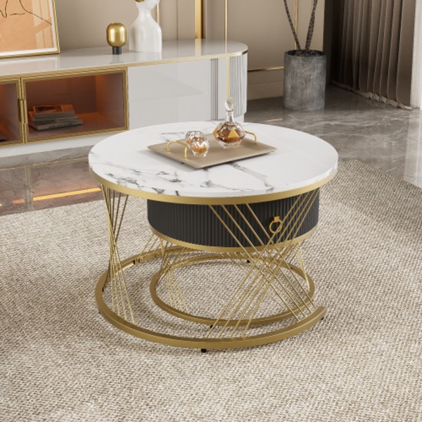 Elegant soffbord: marmoroptik, gulddekor, sidobord med lådor – set om 2 White